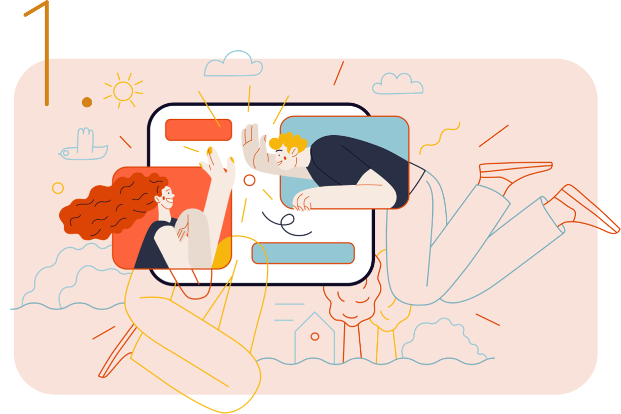 Illustration of woman and man high five-ing, framed within a device screen