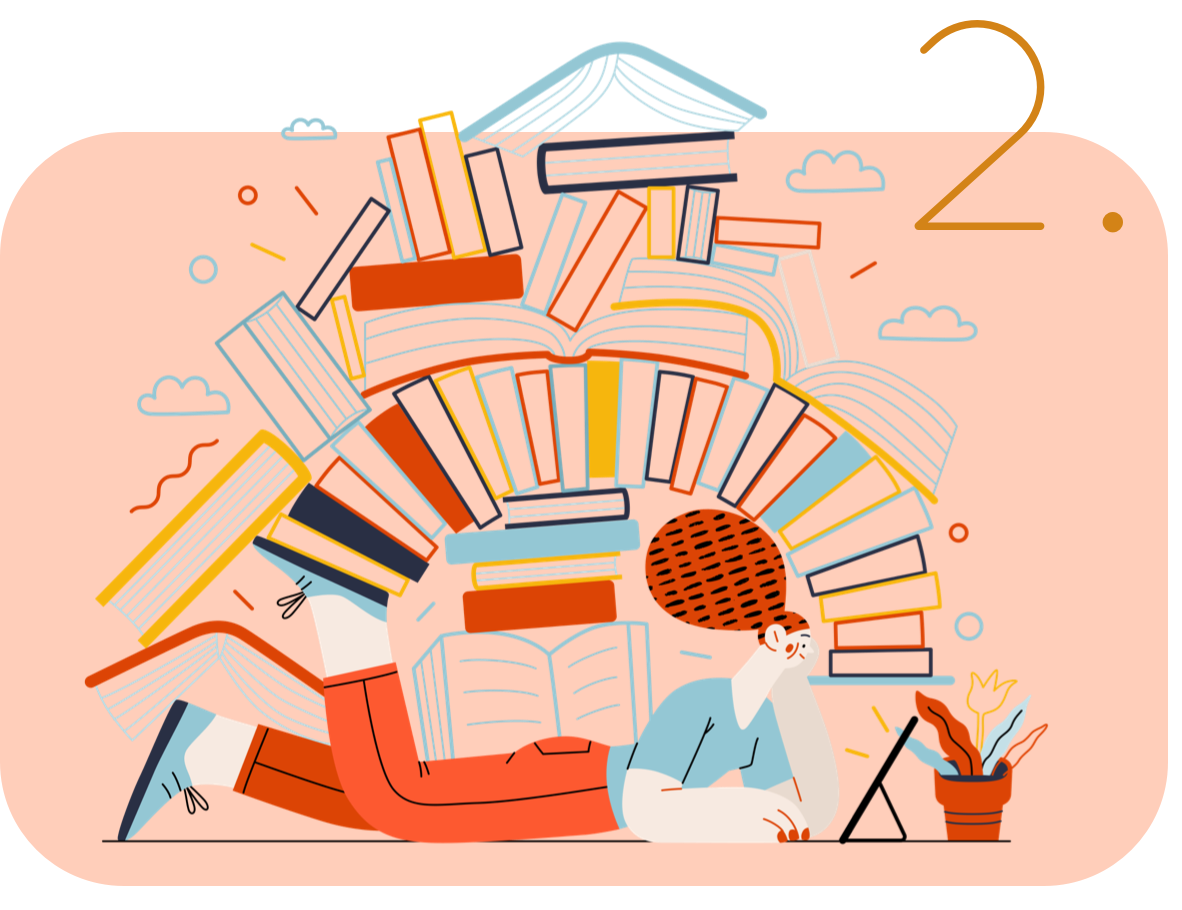 Illustration of entrepreneur lying on floor in front of laptop, surrounded by an archway of books